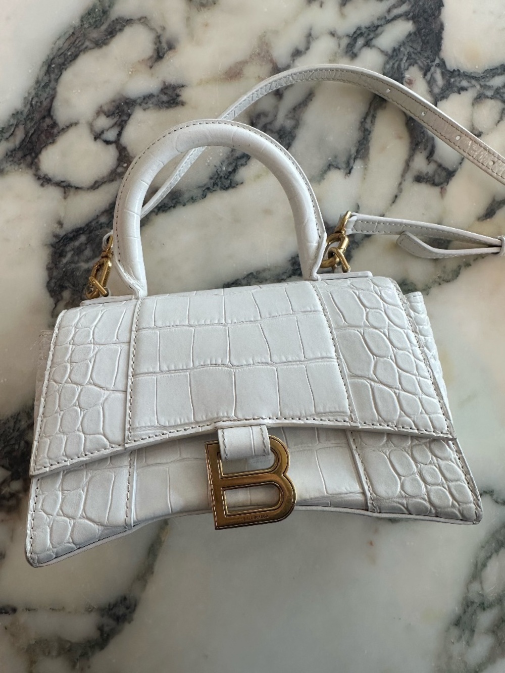 BALENCIAGA Hourglass Embossed White Leather Bag